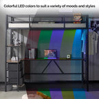Black Twin Raised Bed with Desk Bookshelf Drawers Socket Light Strip Iron Bed USA