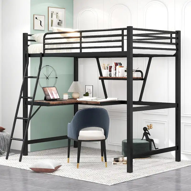 Black Metal Loft Bed with Integrated Desk, Shelf, and Full-Length Guardrail
